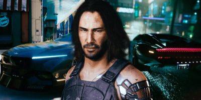 Johnny Silverhand surrounded by two cars in Cyberpunk 2077